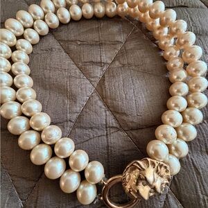 Vintage Double Stand Faux Pearl Necklace with Gold Lion Clasp